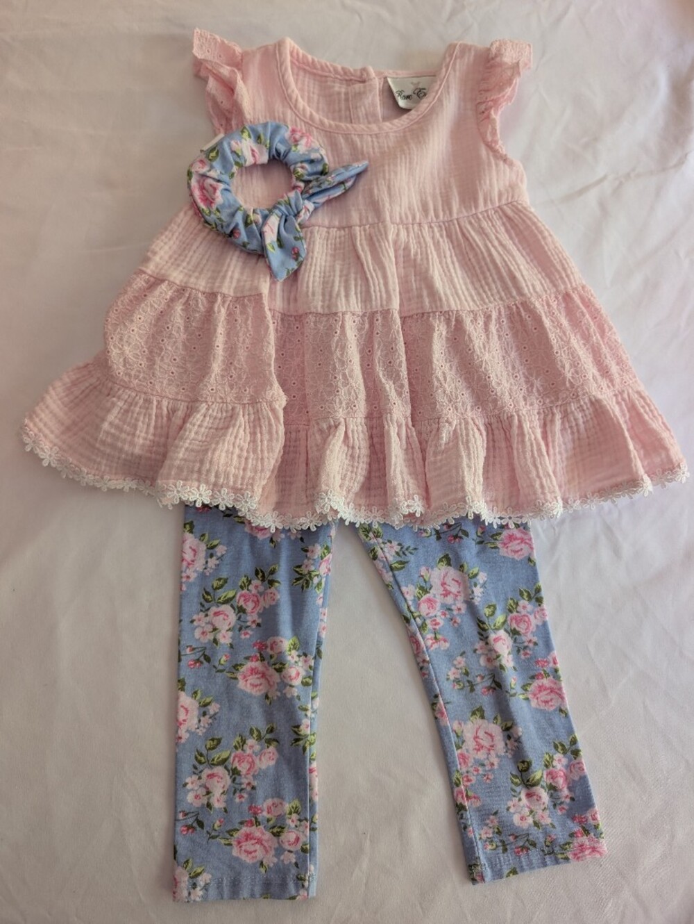 Rare Editions Pink Eyelet Tunic with Blue Floral Leggings and Scrunchie